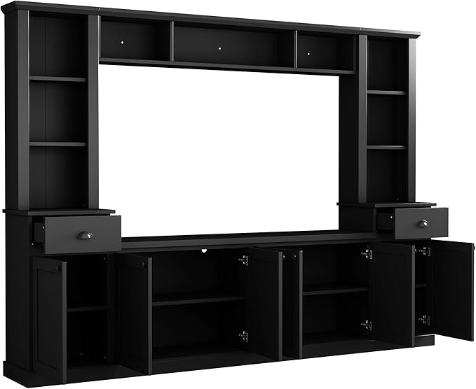 Entertainment Wall Unit with Bridge, Stand Media Console Table for TVs Up to 75" with Adjustable Shelves, Ample Storage Space for Living Room, 103 Inch, Black - LeafyLoom