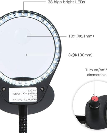 Tom-shine Magnifying Glass Lamp 3X 10X,Stepless Dimmable LED Magnifying Lamp with Dust Cover Metal Clamp,Adjustable LED Magnifier with Light and Stand for Crafts Reading Workbench Close Work - LeafyLoom