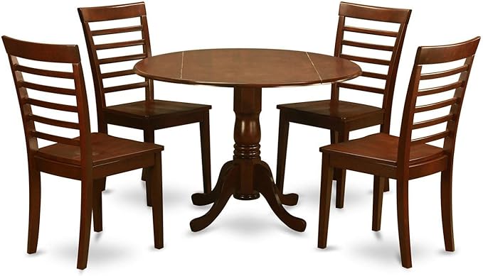East West Furniture DLML5-MAH-W 5 Piece Modern Set Includes a Round Wooden Table with Dropleaf and 4 Kitchen Dining Chairs, 42x42 Inch - LeafyLoom
