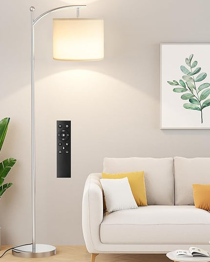 Ambimall Floor Lamp with Remote Control and Stepless Dimmable Bulb, Colors Temperature & Brightness Adjustable, Modern Floor Lamps for Living Room（White Shade & Silver Pole） - LeafyLoom