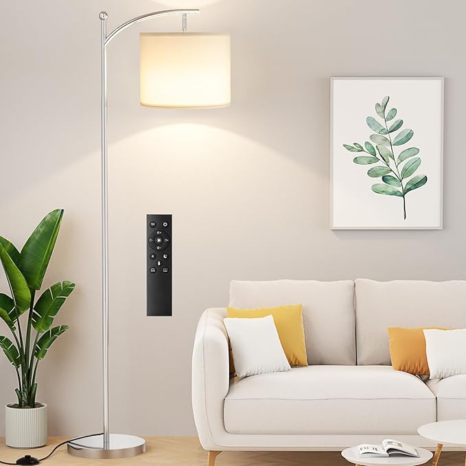 Ambimall Floor Lamp with Remote Control and Stepless Dimmable Bulb, Colors Temperature & Brightness Adjustable, Modern Floor Lamps for Living Room（White Shade & Silver Pole） - LeafyLoom