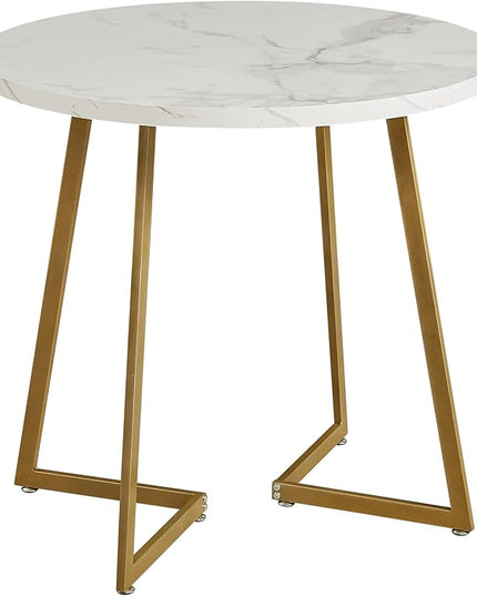 VECELO Round Dining Table with Steel Frame for 2-4 People, Space Saving for Home, Kitchen, Apartment, White & Gold - LeafyLoom