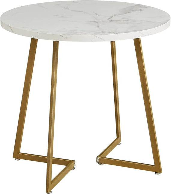 VECELO Round Dining Table with Steel Frame for 2-4 People, Space Saving for Home, Kitchen, Apartment, White & Gold - LeafyLoom