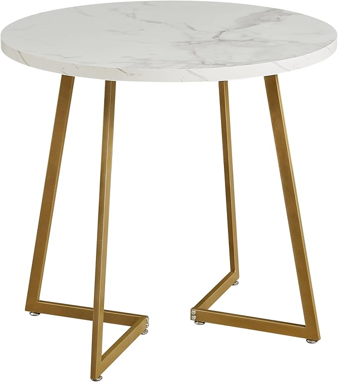 VECELO Round Dining Table with Steel Frame for 2-4 People, Space Saving for Home, Kitchen, Apartment, White & Gold - LeafyLoom