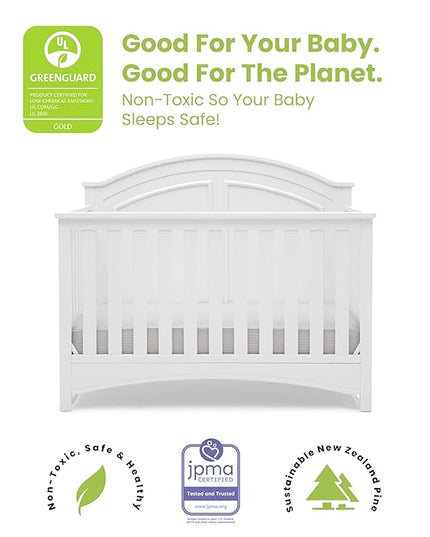 Delta Children Perry 6-in-1 Convertible Crib - Greenguard Gold Certified, Bianca White + Simmons Kids Radiant Sky Dual Sided Baby Crib Mattress and Toddler Mattress (Bundle) - LeafyLoom