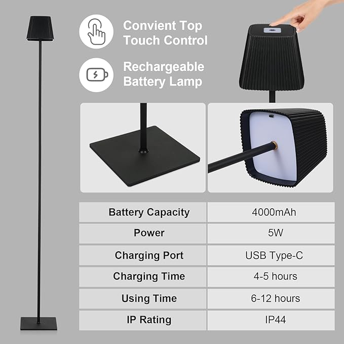 Neoglint Cordless Floor Lamp for Outdoor/Indoor, Touch Control Adjustable Height LED Lamp, Dimmable Rechargeable Battery Operated Lamp for Bedroom, Living Room, Patio(Square) - LeafyLoom