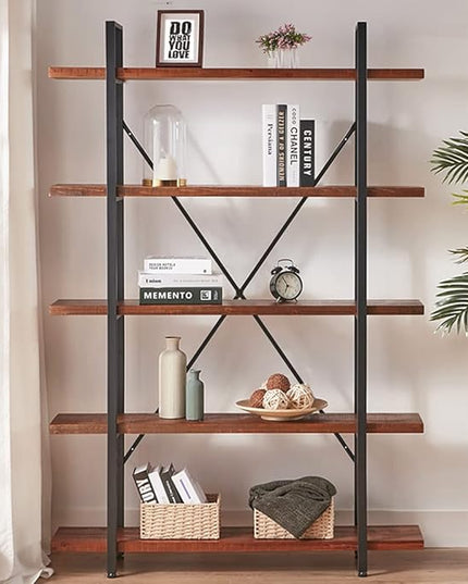 HSH Natural Real Wood Bookcase, 5 Tier Industrial Rustic Vintage Etagere Bookshelf, Open Metal Farmhouse Solid Wooden Book Shelf, Distressed Brown - LeafyLoom