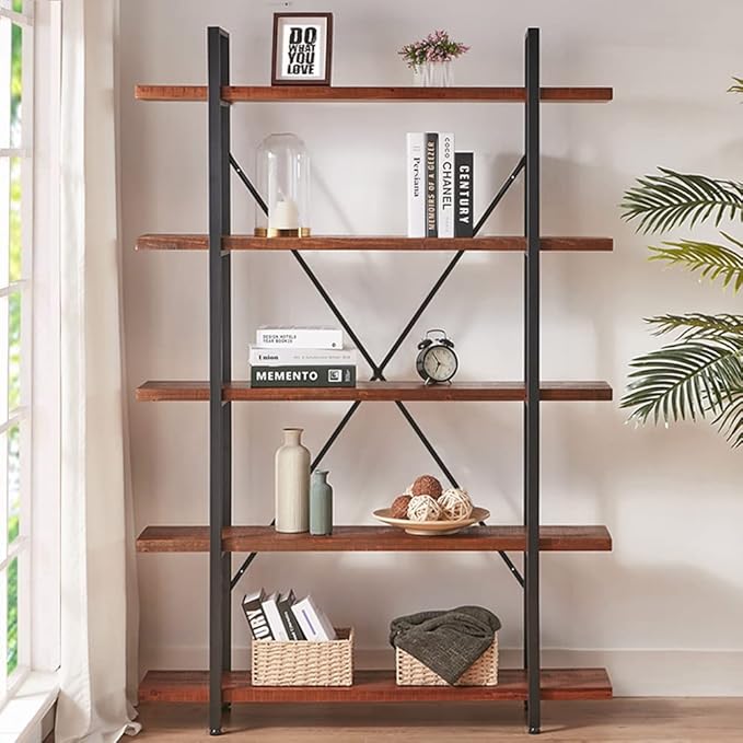 HSH Natural Real Wood Bookcase, 5 Tier Industrial Rustic Vintage Etagere Bookshelf, Open Metal Farmhouse Solid Wooden Book Shelf, Distressed Brown - LeafyLoom