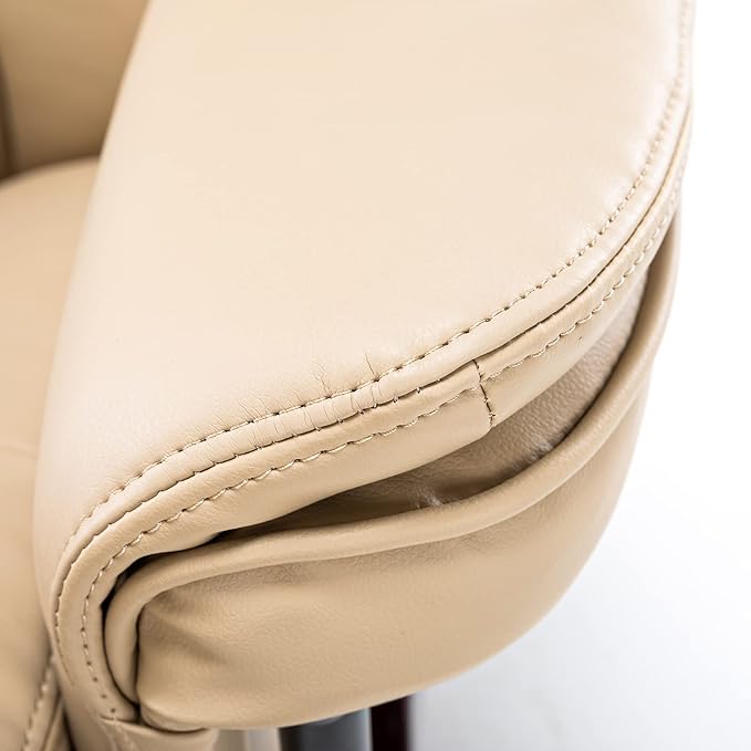 JC Home Swivel Ottoman Bonded Leather Recliner Chair and Foot Rest for Living Room, Home Theater, Man Cave, Bedroom-Round Mahogany Base-Modern, Contemporary Furniture, offwhite - LeafyLoom