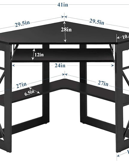 VECELO Corner Computer Desk Writing Smooth Keyboard Tray & Storage Shelves,Compact Home Office Triangle Table, Black - LeafyLoom