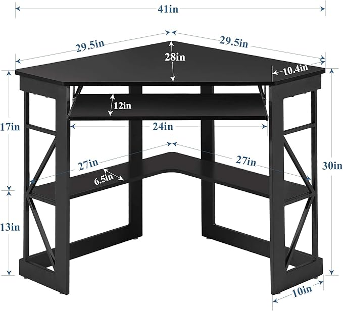 VECELO Corner Computer Desk Writing Smooth Keyboard Tray & Storage Shelves,Compact Home Office Triangle Table, Black - LeafyLoom