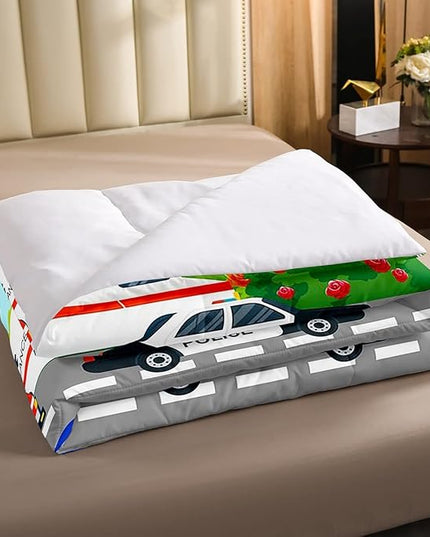 Kids Fire Trucks Car Comforter Set Queen Size Cartoon Police Car Down Comforter Airplane Rescue Vehicles Beding Set Boys Girls Car Room Decor Soft Lightweight Duvet Set, Colorful Comforter - LeafyLoom