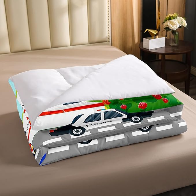 Kids Fire Trucks Car Comforter Set Queen Size Cartoon Police Car Down Comforter Airplane Rescue Vehicles Beding Set Boys Girls Car Room Decor Soft Lightweight Duvet Set, Colorful Comforter - LeafyLoom