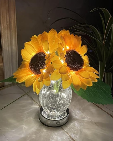 Sunflower Lamp Artificial LED Sunflower Flowers with Glass Vase Table Lamp Night Light for Home Office Decor House Decorations Gift Idea - Rechargeable (3Sunflower) - LeafyLoom