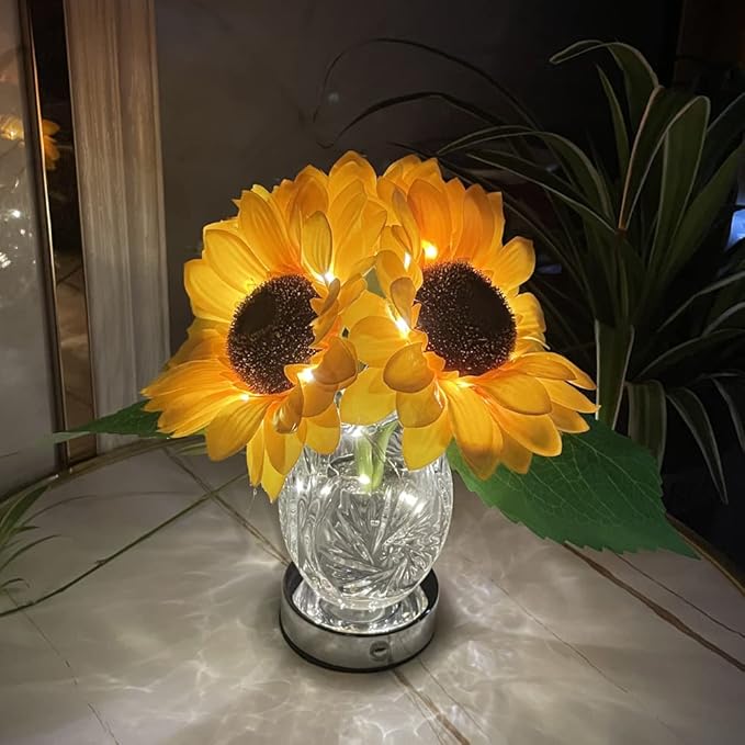 Sunflower Lamp Artificial LED Sunflower Flowers with Glass Vase Table Lamp Night Light for Home Office Decor House Decorations Gift Idea - Rechargeable (3Sunflower) - LeafyLoom