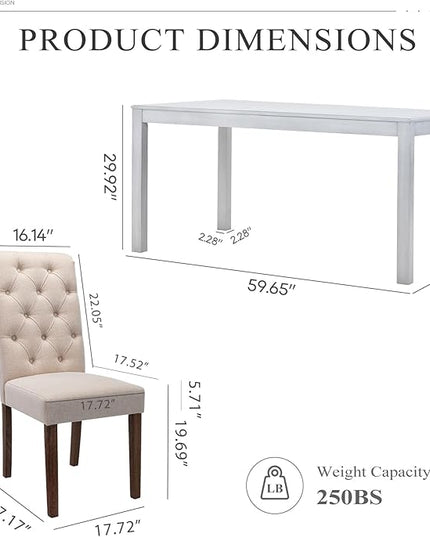 COLAMY 7-Piece Dining Table Set for 6, 60" Kitchen Wood Table with 6 Tufted Dining Room Chairs, White/Beige - LeafyLoom