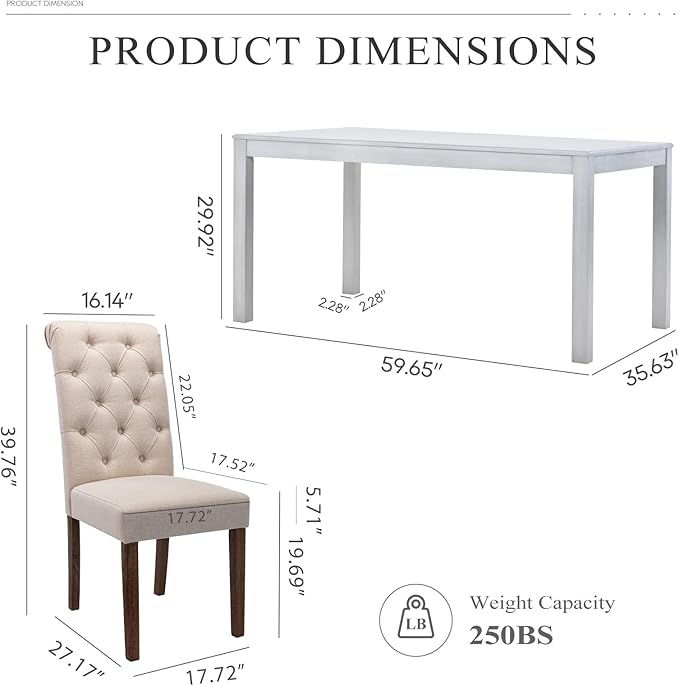 COLAMY 7-Piece Dining Table Set for 6, 60" Kitchen Wood Table with 6 Tufted Dining Room Chairs, White/Beige - LeafyLoom