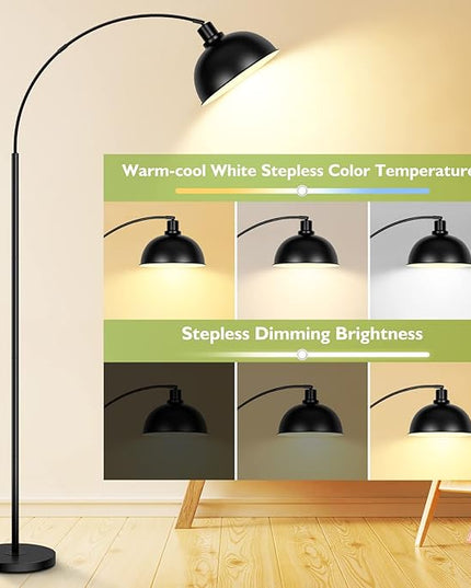 Arc Floor Lamps for Living Room, Modern Tall Standing Lamp Remote Control,Stepless Dimmable Black Floor Lamp with Hanging Dome Shade, Over Couch Arched Reading Lamp for Bedroom, Office (Bulb Included) - LeafyLoom