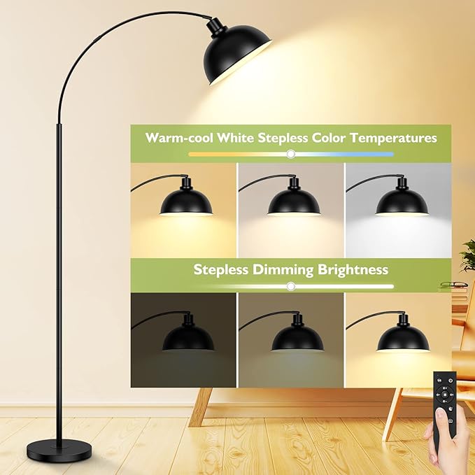 Arc Floor Lamps for Living Room, Modern Tall Standing Lamp Remote Control,Stepless Dimmable Black Floor Lamp with Hanging Dome Shade, Over Couch Arched Reading Lamp for Bedroom, Office (Bulb Included) - LeafyLoom
