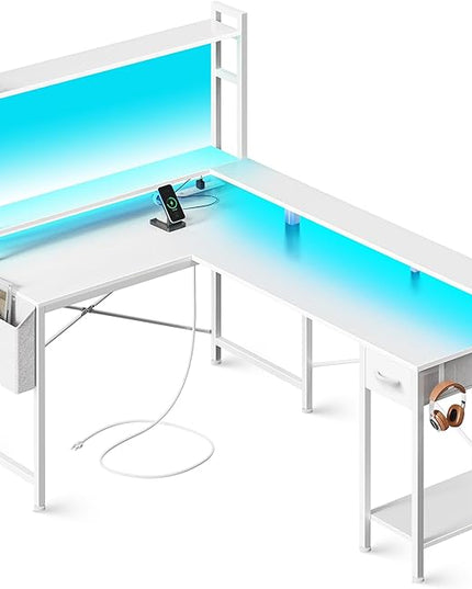 L Shaped Desk Gaming Desk with LED Lights & Power Outlets, Computer Desk with Storage Shelves, Corner Desk Home Office Desks for Bedroom, White - LeafyLoom