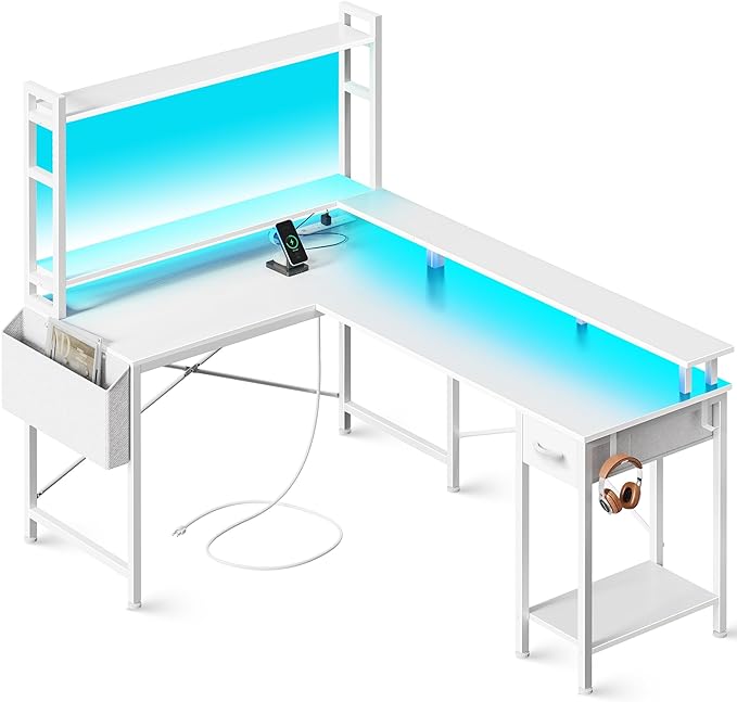 L Shaped Desk Gaming Desk with LED Lights & Power Outlets, Computer Desk with Storage Shelves, Corner Desk Home Office Desks for Bedroom, White - LeafyLoom