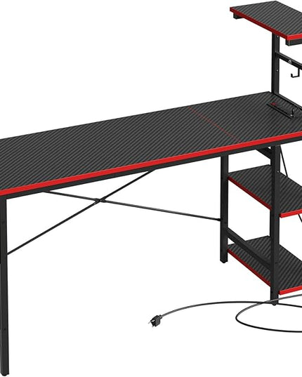 Bestier Gaming Desk with Power Outlets, 61 Inch Large Led Gamer Desk with 4 Tiers Reversible Shelves, PC Gaming Table with Headset Hook & Side Storage Bag for Bedroom (Black 3D Carbon Fiber) - LeafyLoom