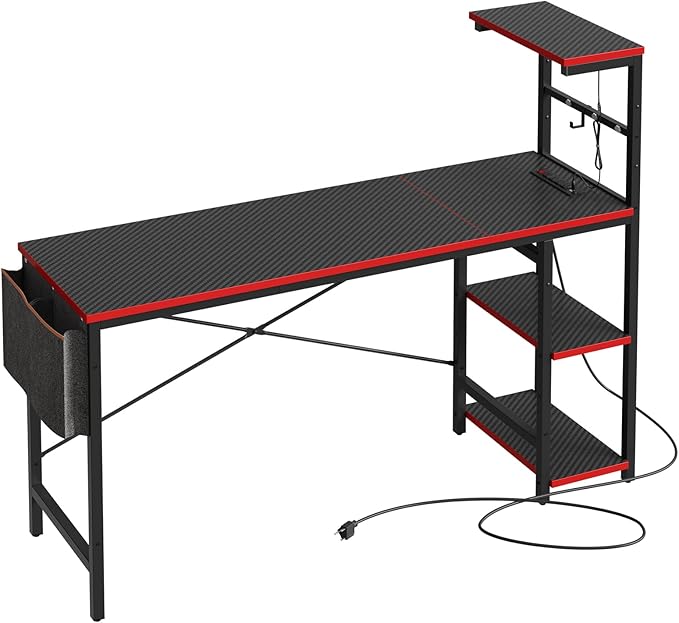 Bestier Gaming Desk with Power Outlets, 61 Inch Large Led Gamer Desk with 4 Tiers Reversible Shelves, PC Gaming Table with Headset Hook & Side Storage Bag for Bedroom (Black 3D Carbon Fiber) - LeafyLoom