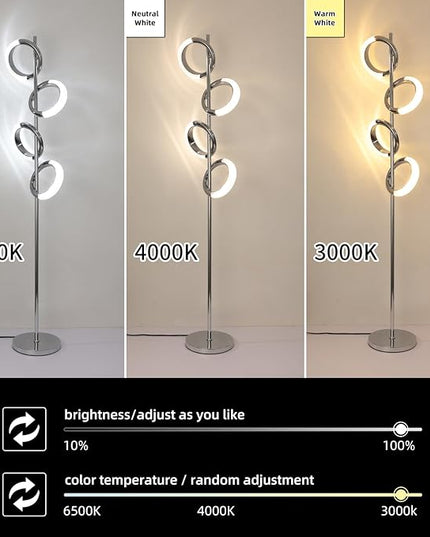 Ganeed LED Floor Lamp for Bedroom,4 Rings 40W Modern Dimmable Standing Lamp,61 in Tall Reading Light Corner Lamp with Remote Control for Living Room Office (3000-6500K/Chrome) - LeafyLoom