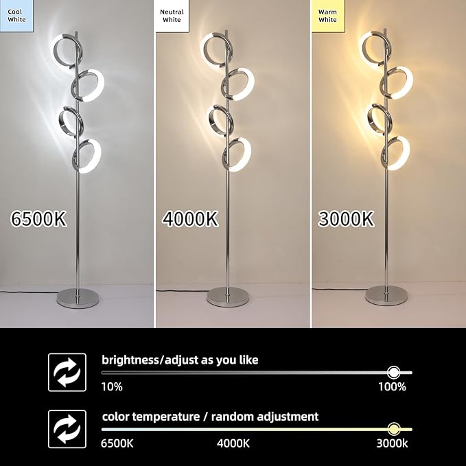 Ganeed LED Floor Lamp for Bedroom,4 Rings 40W Modern Dimmable Standing Lamp,61 in Tall Reading Light Corner Lamp with Remote Control for Living Room Office (3000-6500K/Chrome) - LeafyLoom