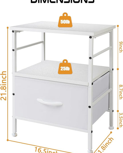 Nightstand,Bedside Tables with Fabric Storage Drawer and Open Wood Shelf,Bedside Furniture,Mesa de Noche with Drawers,Side Table for Bed Frame, Bedroom,Closet,Dorm,White - LeafyLoom