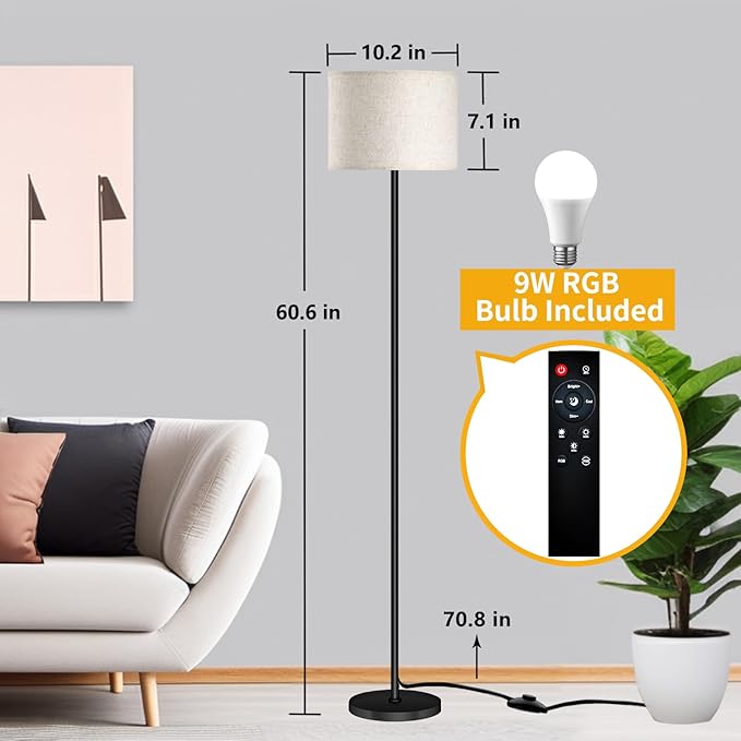 Floor Lamp for Living Room Bedroom,Modern LED Floor Lamp with Remote Control and Dimmable Standing Lamps with Foot Switch Office Kid Room,Tall Lamp,RGB 9W Bulb Included - LeafyLoom