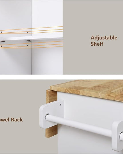 Kitchen Island with Storage, Rolling Table on Wheels w/Divider, Internal Canibet Rack, Adjustable Shelf Tower Rack for Dinning Room, Rubber Wood Contertop - LeafyLoom