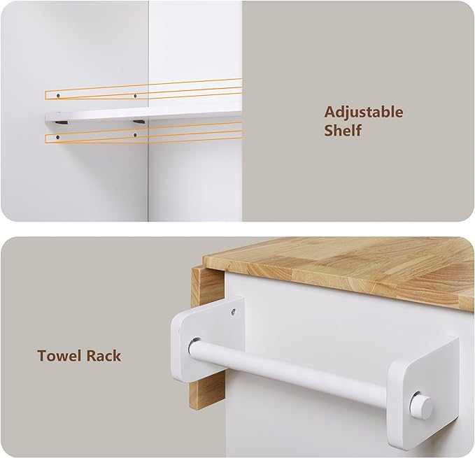 Kitchen Island with Storage, Rolling Table on Wheels w/Divider, Internal Canibet Rack, Adjustable Shelf Tower Rack for Dinning Room, Rubber Wood Contertop - LeafyLoom