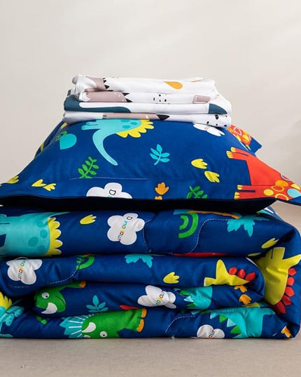 Wajade 7 Piece Kid Boys Dinosaur Comforter Set Twin Size 3D Blue Dinosaur Wild Park Jungle Print Bedding Set with Comforter, Sheet Set, Pillowcase and Sham - LeafyLoom