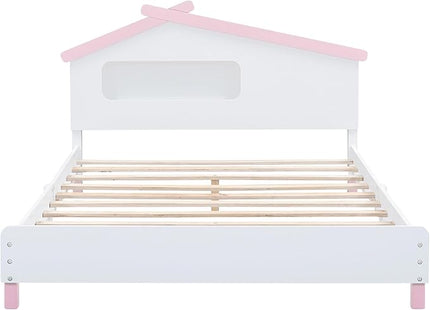 Bellemave Full Size Platform Bed with House-Shaped Headboard and Motion Activated Night Lights,Wood Twin Kids Bed Frame for Girls,Boys(Twin,Pink) - LeafyLoom