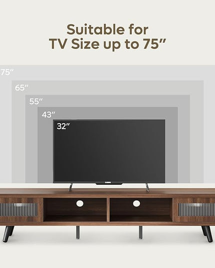 Bestier Mid Century Modern TV Stand for 75 inch TV, LED Entertainment Center with Storage and Sliding Doors, Low Profile TV Consoles for Living Room, Ancona Walnut - LeafyLoom