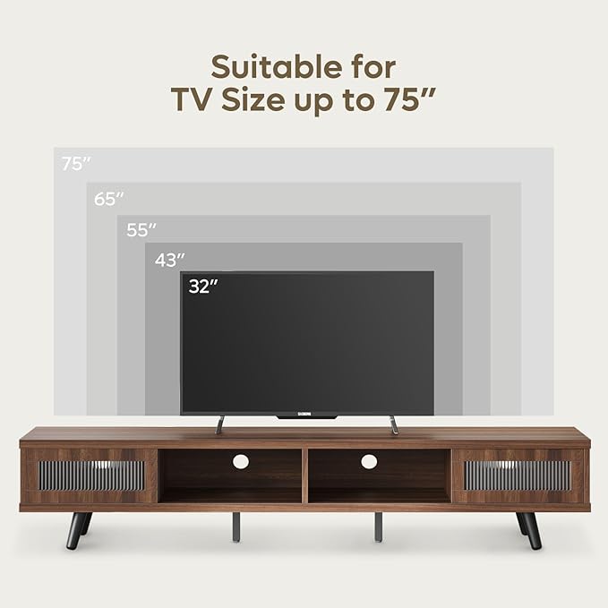 Bestier Mid Century Modern TV Stand for 75 inch TV, LED Entertainment Center with Storage and Sliding Doors, Low Profile TV Consoles for Living Room, Ancona Walnut - LeafyLoom