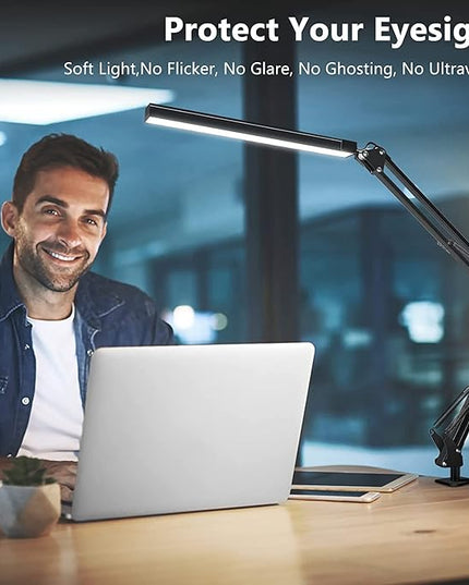 ODOM Swing Arm Led Desk Lamp with Clamp, 3 Color Modes 6 Brightness & Stepless Dimming Eye-Caring, 360 Degree Flexible Desk Lamps for Home Office, with 12V AC/DC Adapter - LeafyLoom