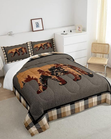 Cute Bear Comforter Set Wild Animal Pattern Bedding Set for Teens Nature Wildlife Bear Bedding Set Western Farmhouse Orange Grey Duvet Set Room Decor Queen Size Duvet Set 3Pcs - LeafyLoom
