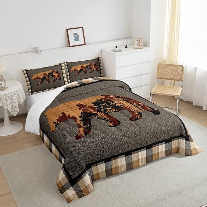 Cute Bear Comforter Set Wild Animal Bedding Set for Teens Nature Wildlife Bear Bedding Set Western Farmhouse Orange Grey Duvet Set Room Decor King Size Duvet Set 3Pcs Boys - LeafyLoom