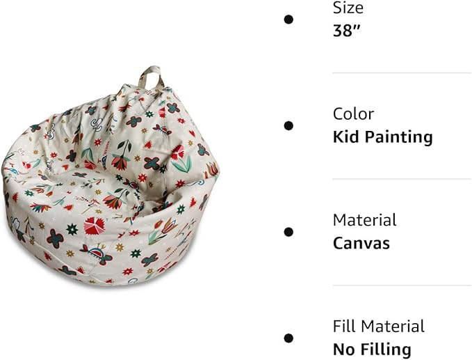 YuppieLife Stuffed Animal Storage Bean Bag Chairs Canvas Cover for Kids(No Filling)/Machine Washable and Durable Toddler Bean Bag Sofa Cover for Room Decor (kid painting, 38”) - LeafyLoom