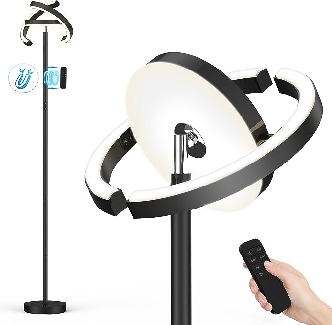 FIMEI Floor Lamp for Living Room, Saturn Ring Original Design, LED Bright Rotatable Modern Floor Lamp, Stepless Dimming and 3 Color Temperatures, Touch/Remote Control, for Bedroom Office, Black - LeafyLoom