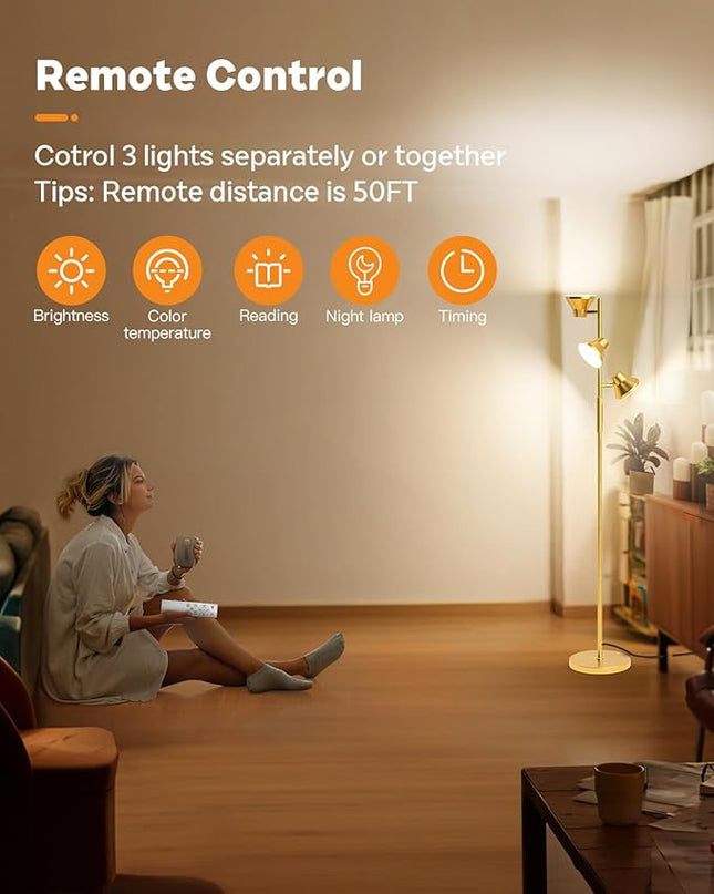 Gold Floor Lamp, 36W Modern LED Floor Lamp with Remote & Touch Control, 4 Color Temperatures, 3 Rotatable Lights, Floor Lamps for Living Room Bright Lighting, Bedroom, Office - LeafyLoom