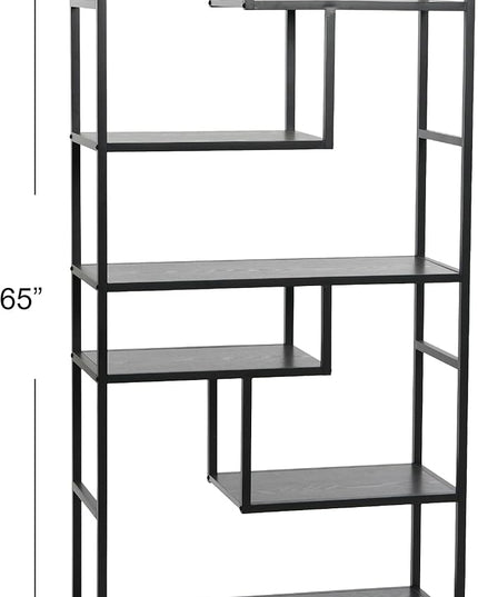 Household Essentials Black Oak Geometric Tall Open Book Shelf | Mid Century Modern Shelves - LeafyLoom
