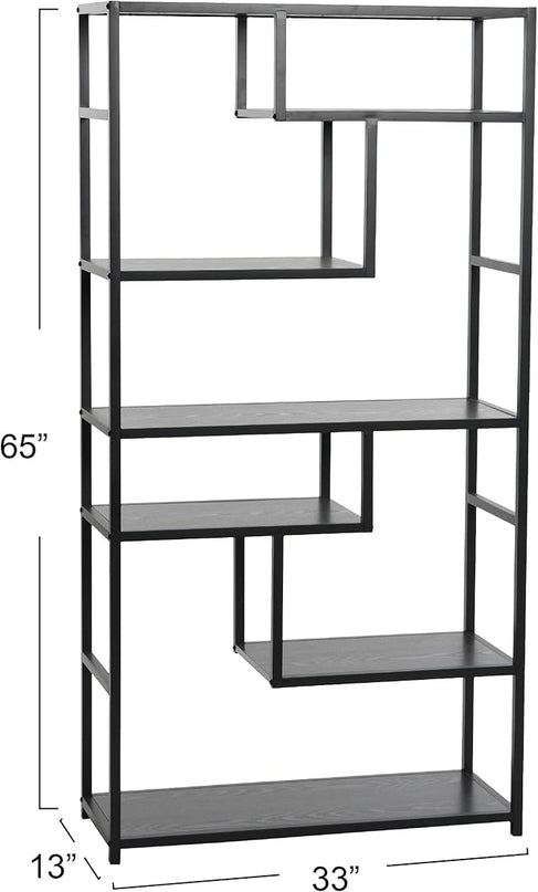 Household Essentials Black Oak Geometric Tall Open Book Shelf | Mid Century Modern Shelves - LeafyLoom