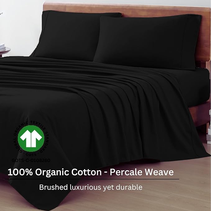 LANE LINEN 100% Organic Cotton Twin Bed Sheet Set, 3 Pc Twin Size Sheets Set, Soft & Breathable Twin Sheet Set Boys, Hotel Style Bedding Sheets & Pillowcases, 15" Deep Twin Fitted Sheet - Black - LeafyLoom