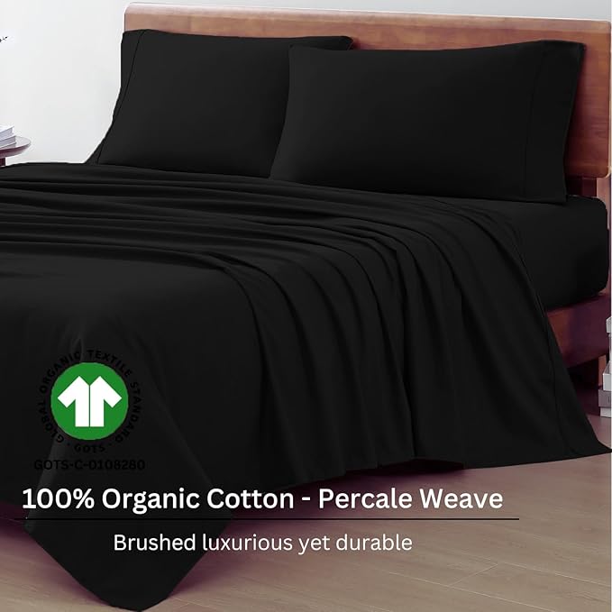 LANE LINEN Queen Size Sheets Set, 100% Organic Cotton Sheet Set, 4 Pc Queen Sheets, Percale Weave, Cooling Sheets Queen Size, Hotel Quality Queen Size Deep Pocket Sheet Sets, Oeko-Tex Sheets - Black - LeafyLoom