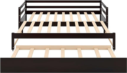 Wooden Extendable Daybed, Twin to King Daybed Frame with Trundle, Extending Sofa Bed for Living Room Bedroom Guest Room, Espresso - LeafyLoom