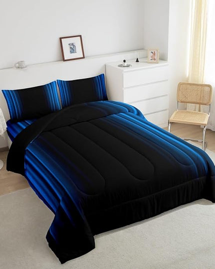 Geometric Abstract Ombre Comforter Set Kids Teens Blue and Black Striped Bedding Bed Set Decor Modern Fashion Comforter Inner Fill Bedroom Collection 3Pcs Queen Size - LeafyLoom