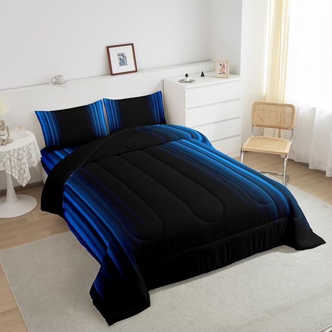 Geometric Abstract Ombre Comforter Set Kids Teens Blue and Black Striped Bedding Bed Set Decor Modern Fashion Comforter Inner Fill Bedroom Collection 2Pcs Twin Size - LeafyLoom